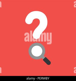 Flat vector icon concept of question mark with magnifying glass on red background. Stock Vector