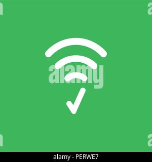 Flat vector icon concept of wireless wifi symbol with check mark on green background. Stock Vector