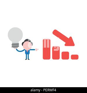 Vector illustration concept of businessman character holding gray light bulb icon with red sales bar chart moving down, bad idea and go bankrupt. Stock Vector