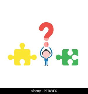 Vector illustration concept of businessman character with incompatible jigsaw puzzle pieces and holding up red question mark icon. Stock Vector