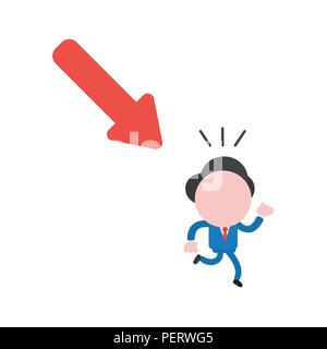 Vector illustration concept of businessman character running away from red arrow moving down. Stock Vector