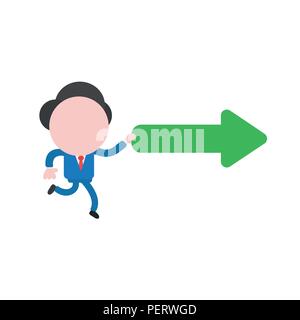 Vector illustration concept of businessman character running and holding green right arrow icon. Stock Vector