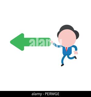 Vector illustration concept of businessman character running and holding green left arrow icon. Stock Vector