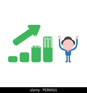 Vector illustration concept of businessman character with green sales bar chart icon moving up. Stock Vector