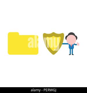 Vector illustration concept of businessman character holding yellow guard shield icon with closed file folder. Stock Vector