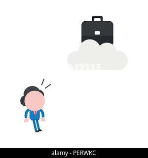 Vector illustration concept of businessman character looking black briefcase on gray cloud icon. Stock Vector