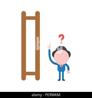 Vector illustration concept of confused businessman character and wooden ladder with missing steps. Stock Vector
