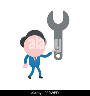 Vector illustration concept of businessman character walking and holding gray spanner icon. Stock Vector