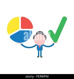 Vector illustration concept of businessman character holding three parts diagram pie chart and green check mark icon. Stock Vector