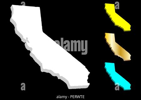 3D map of California (United States of America, The Golden State) - white, yellow, blue and gold - vector illustration Stock Vector