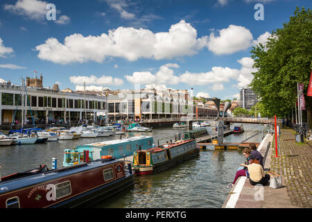 UK, England, Bristol, harbour, boats moored by  Narrow Quay at Pero’s bridge Stock Photo