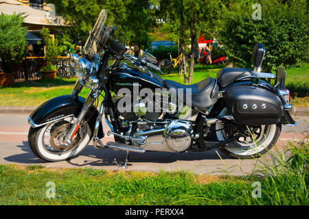 Istanbul; TURKEY, August 08, 2018: Brand new light black motorcycle with street of a Harley-Davidson Deluxe dealer. Stock Photo