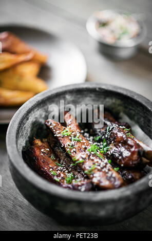 modern gourmet asian style barbeque spicy pork ribs with sweet soy sauce set meal Stock Photo