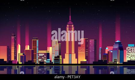 Vector - Urban City Nightscape. illustration with neon glow and vivid colors. 007 Stock Vector