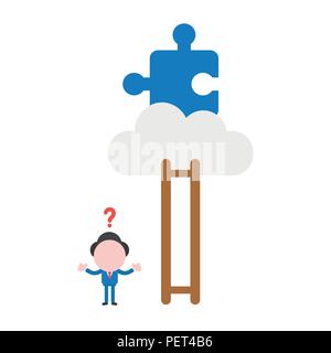 Vector illustration of faceless confused businessman character with wooden ladder missing steps and how to reach missing puzzle piece on cloud. Stock Vector