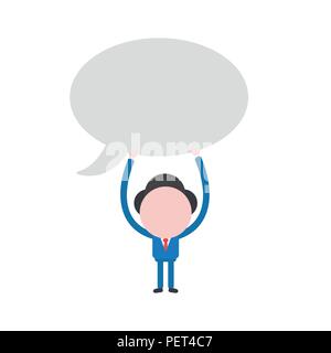 Vector illustration of faceless businessman character holding up blank speech bubble. Stock Vector