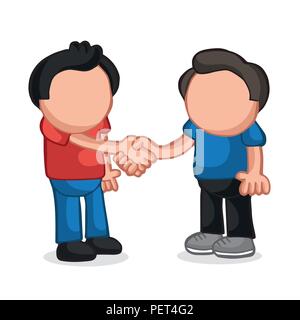 Vector hand-drawn cartoon illustration of two men standing shaking hands. Stock Vector