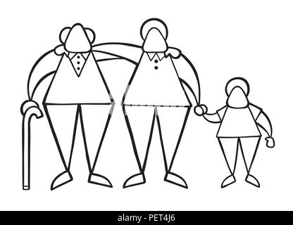 Vector illustration cartoon old man standing with walking stick, hugging his son and grandson. Stock Vector