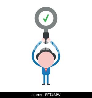 Vector illustration businessman mascot character holding magnifying glass with check mark. Stock Vector