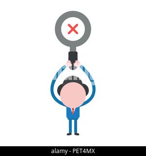 Vector illustration businessman mascot character holding magnifying glass with x mark. Stock Vector