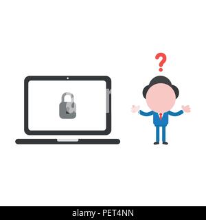 Vector illustration confused businessman mascot character with laptop computer and closed padlock. Stock Vector