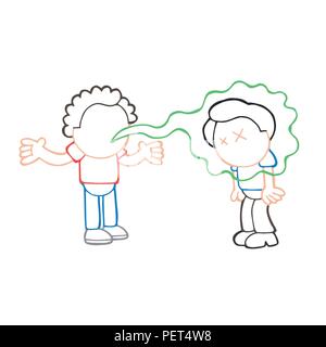 Vector hand-drawn cartoon illustration of with bad breath talking to another man. Stock Vector