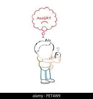 Vector hand-drawn cartoon illustration of man standing holding smartphone with angry thought bubble for bad wifi signal. Stock Vector