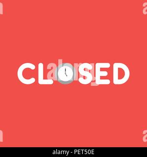 Flat vector icon concept of closed word with clock on red background. Stock Vector