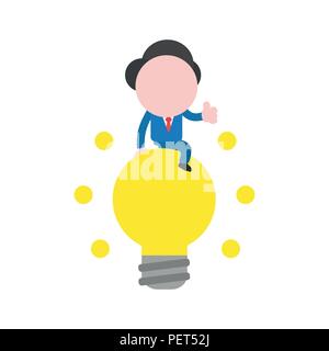 Vector illustration businessman character sitting on glowing yellow light bulb icon and showing thumbs up. Stock Vector