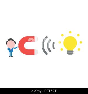 Vector illustration businessman character holding magnet and attracting yellow glowing light bulb icon. Stock Vector