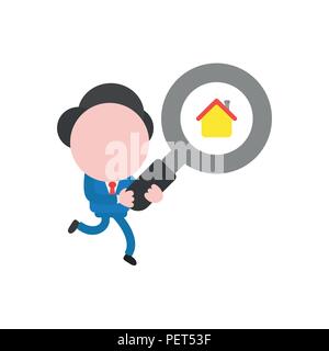 Vector illustration businessman character running and carrying magnifying glass with house icon. Stock Vector