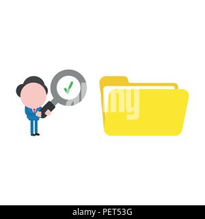 Vector illustration businessman character holding magnifying glass with green check mark and looking open file folder icon. Stock Vector
