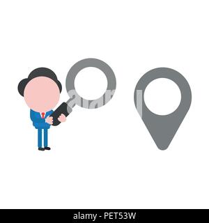 Vector illustration businessman character holding magnifying glass and looking map pointer icon. Stock Vector