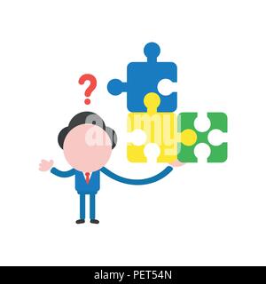 Vector illustration businessman character holding connected puzzle pieces and confused for missing puzzle piece. Stock Vector
