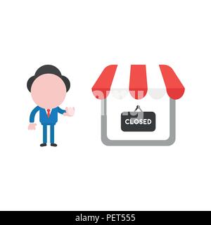 Vector illustration businessman character make hand stop sign with shop store and closed written on hanging sign. Stock Vector
