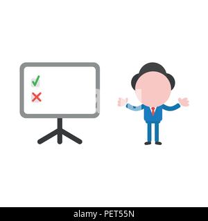 Vector illustration businessman character and presentation chart with check and x marks. Stock Vector