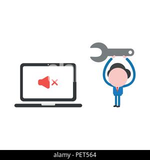 Vector illustration businessman character with laptop computer and sound off symbol and holding up spanner to repair. Stock Vector