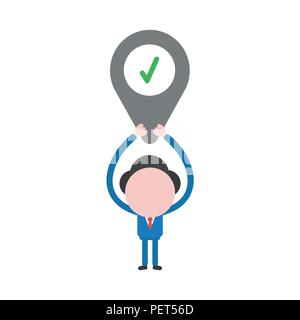 Vector illustration businessman character holding up map pointer with check mark. Stock Vector