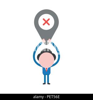 Vector illustration businessman character holding up map pointer with x mark. Stock Vector