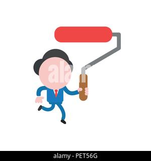 Vector illustration businessman character running and holding red roller paint brush. Stock Vector