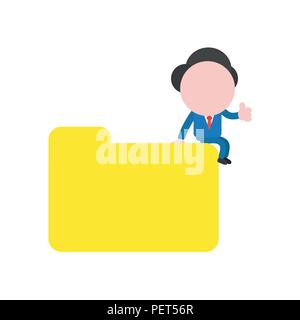 Vector illustration businessman character sitting on closed file folder and showing thumbs up. Stock Vector