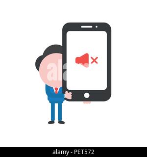 Vector illustration businessman character holding smartphone with sound off icon. Stock Vector