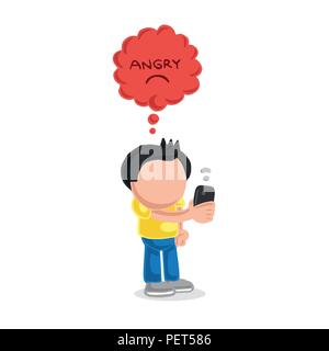 Vector hand-drawn cartoon illustration of man standing holding smartphone with angry thought bubble for bad wifi signal. Stock Vector