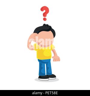 Vector hand-drawn cartoon illustration of confused man thinking with question mark. Stock Vector