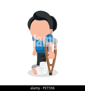 Vector hand-drawn cartoon illustration of man standing with leg in cast holding crutches. Stock Vector