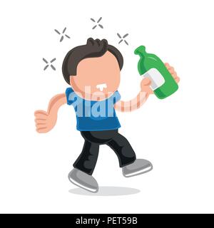Vector hand-drawn cartoon illustration of drunk man walking holding bottle of beer. Stock Vector