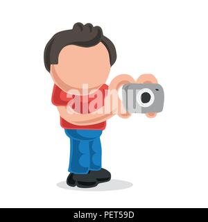 Vector hand-drawn cartoon illustration of photographer man standing shooting with camera. Stock Vector