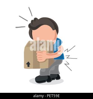 Vector hand-drawn cartoon illustration of man walking carrying heavy box and get pain from backache. Stock Vector