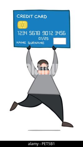 Vector illustration cartoon thief hacker man with face masked running and carrying credit card. Stock Vector