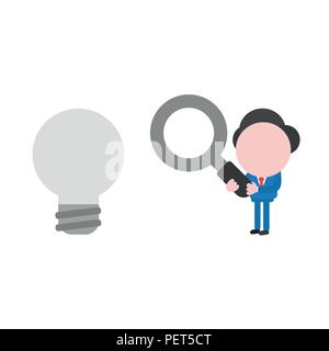 Vector illustration businessman character holding magnifying glass and looking glowing light bulb. Stock Vector